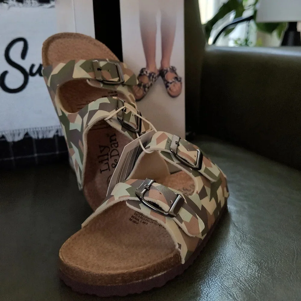Cream tan brown green Birkenstock style sandals kids camouflage style pattern